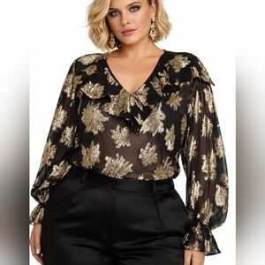 Nwdft IRO Labra Semi Sheer Black Gold Lurex  Billowy Flare Sleeves Ruffle V Neck